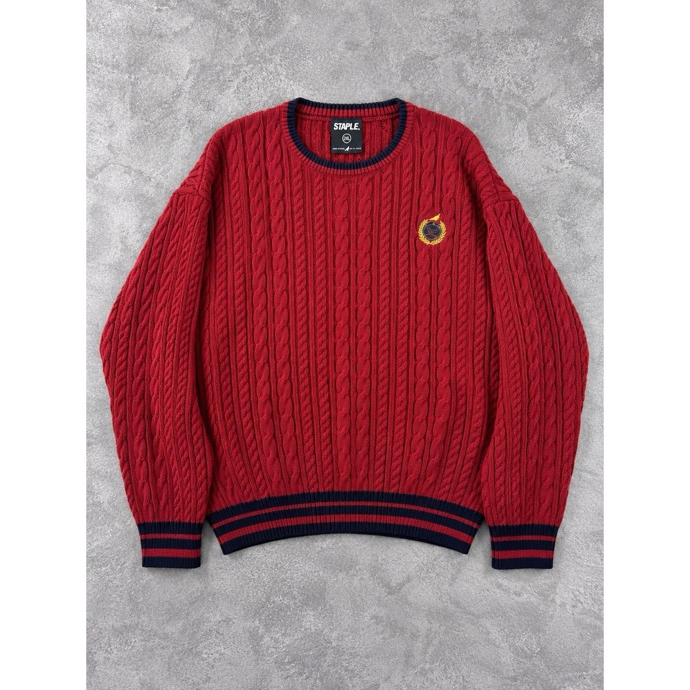 Staple Cable Knit Sweater Mens 2XL Red Crewneck Crest Varsity Streetwear